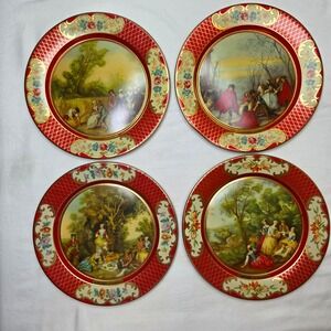 Vintage Daher Decorated Ware Tin Plates Set 4 Lancret Four Seasons Belgium Red